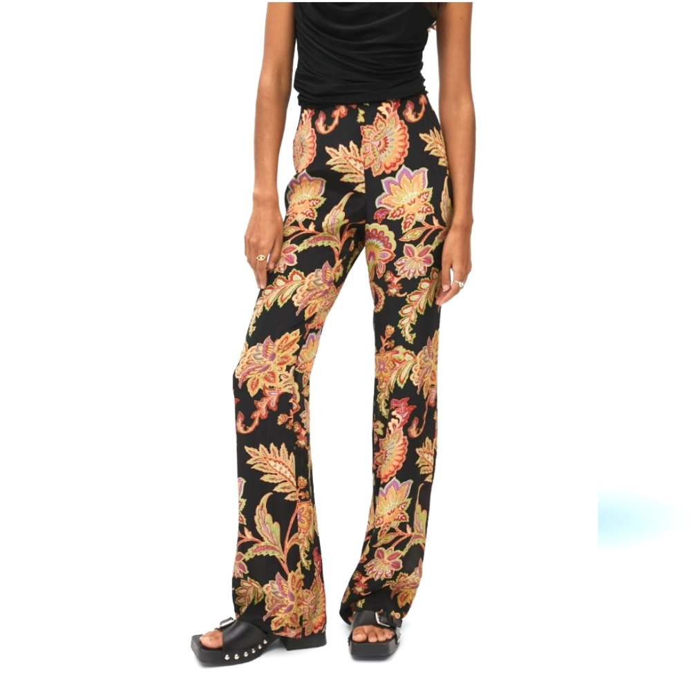NWT Mango Navy Viscose Floral High-rise Wide-leg Pants, Size S